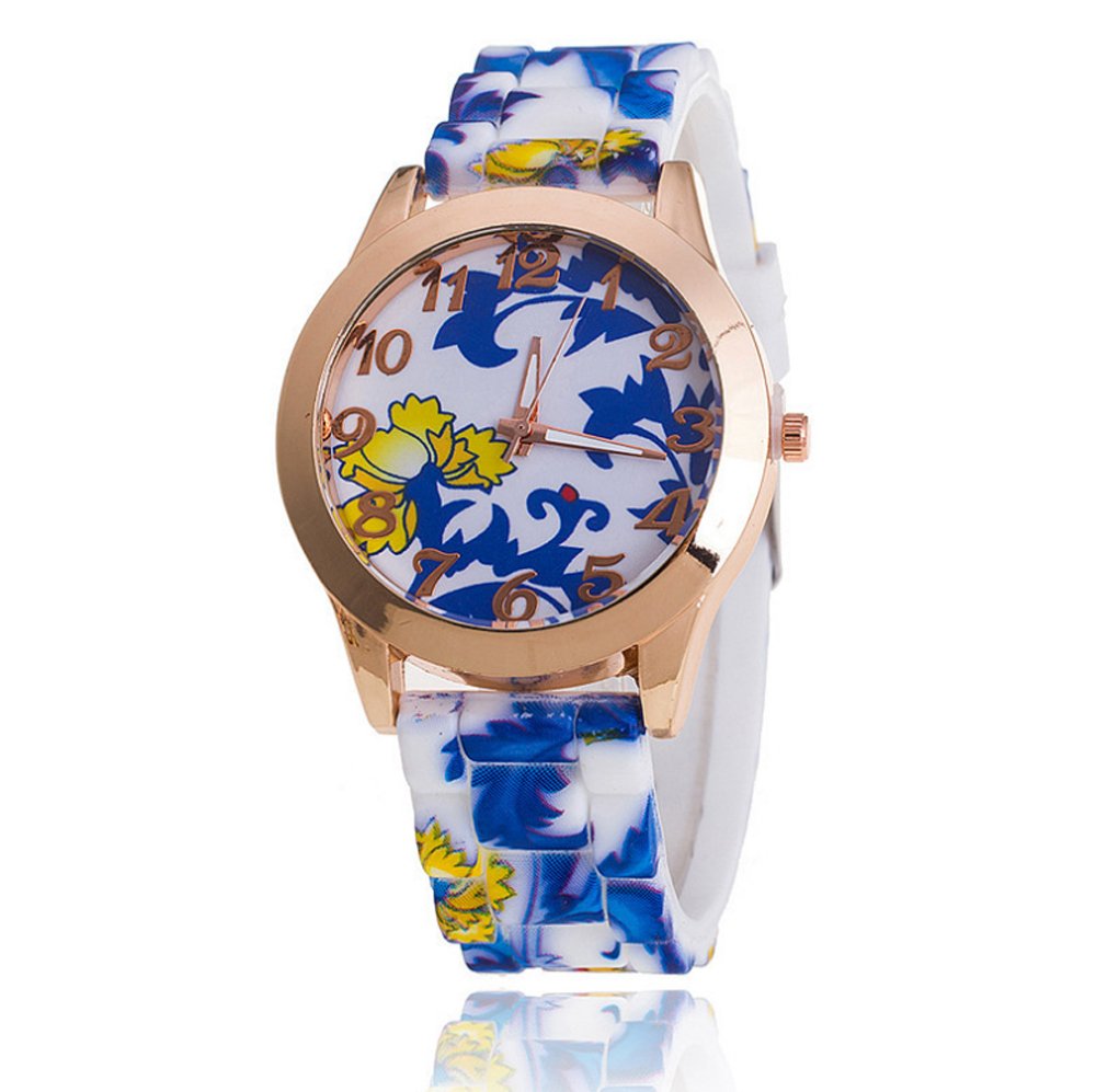 Relojes analógicos de silicona con esfera floral para mujer, números en tono oro rosa (paquete de 5), Rosado, Moderno 5