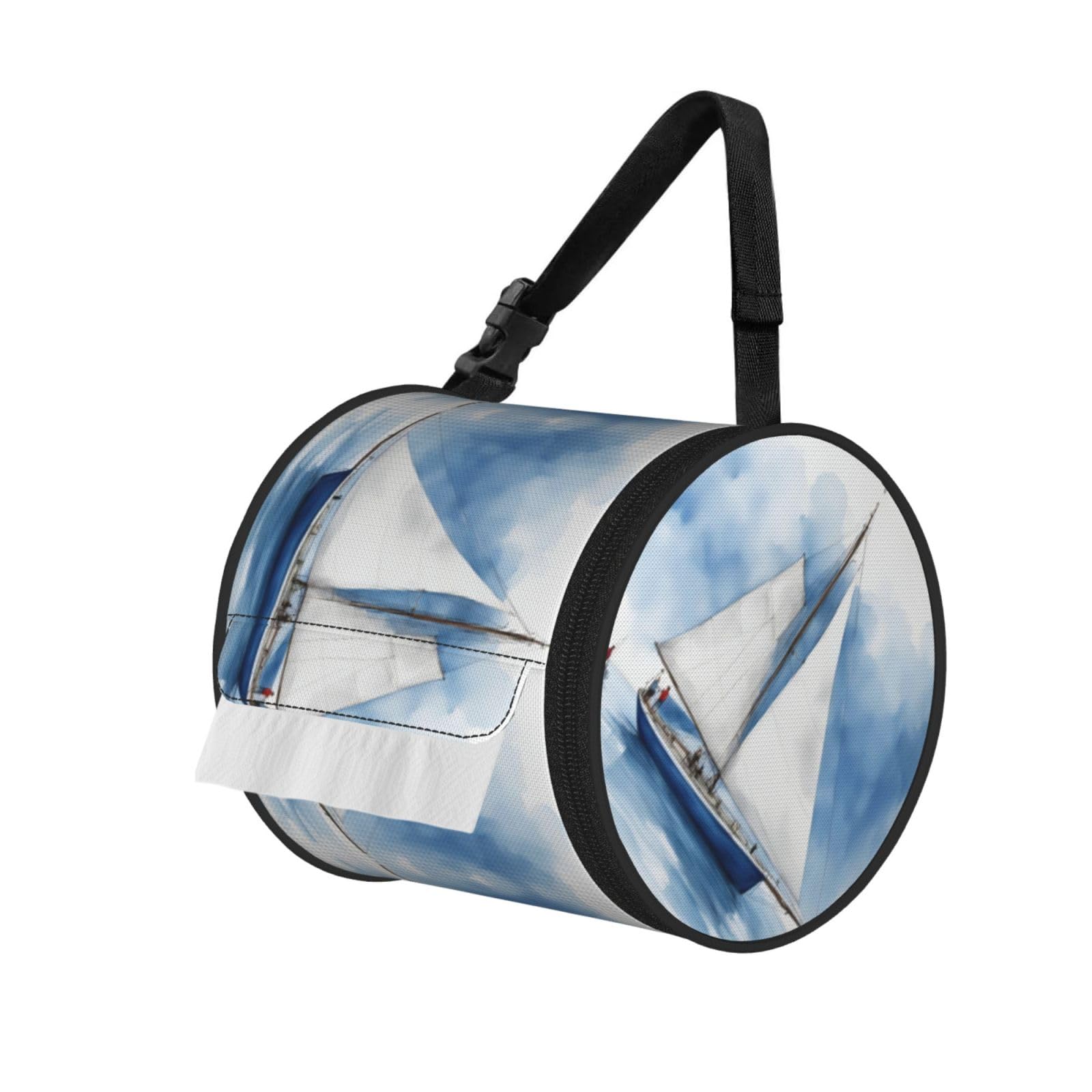 Jiuty Black Blue Sailboat 1 Print Cylinder Tissue Organizer Bag With Strap, Portable Toilet Roll Holder For Camping Car