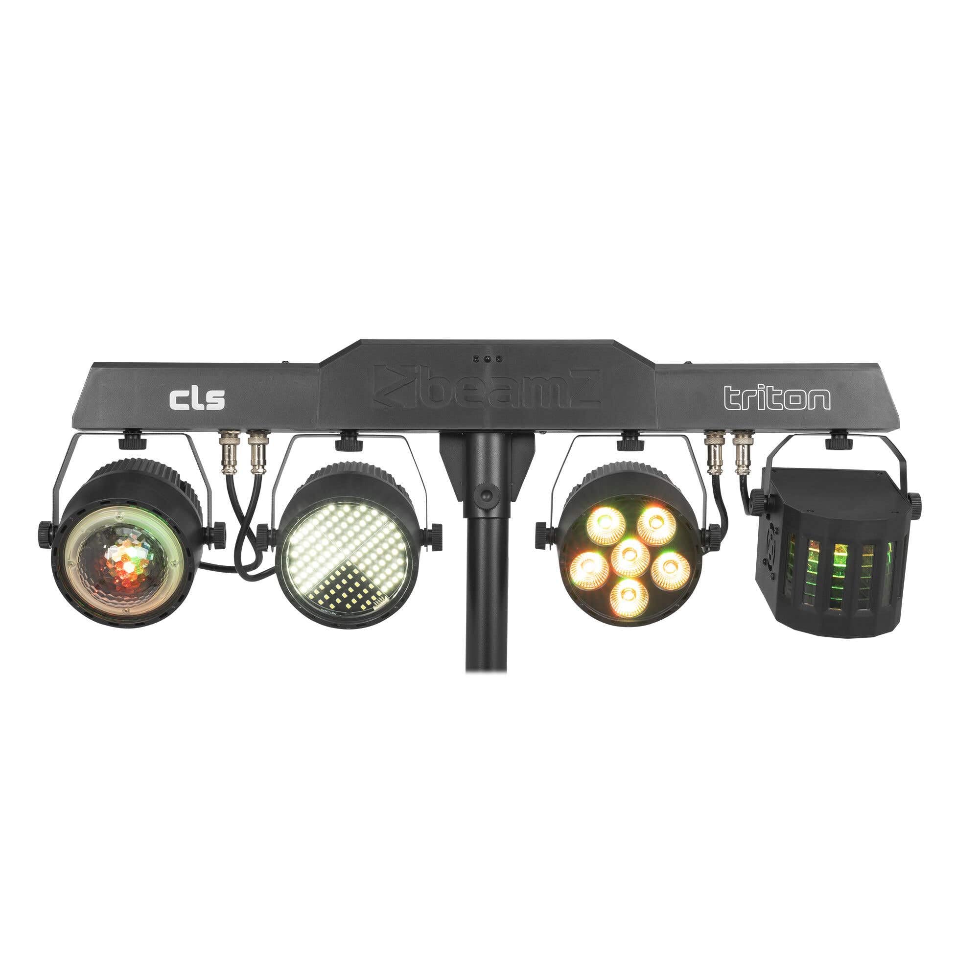 BeamZ CLS Triton Party Bar con par led rgbw, derby, luz estroboscopica y jelly moon, barra led dj con tripode, dmx 512, luces discoteca para casa, luces dj y luces escenario