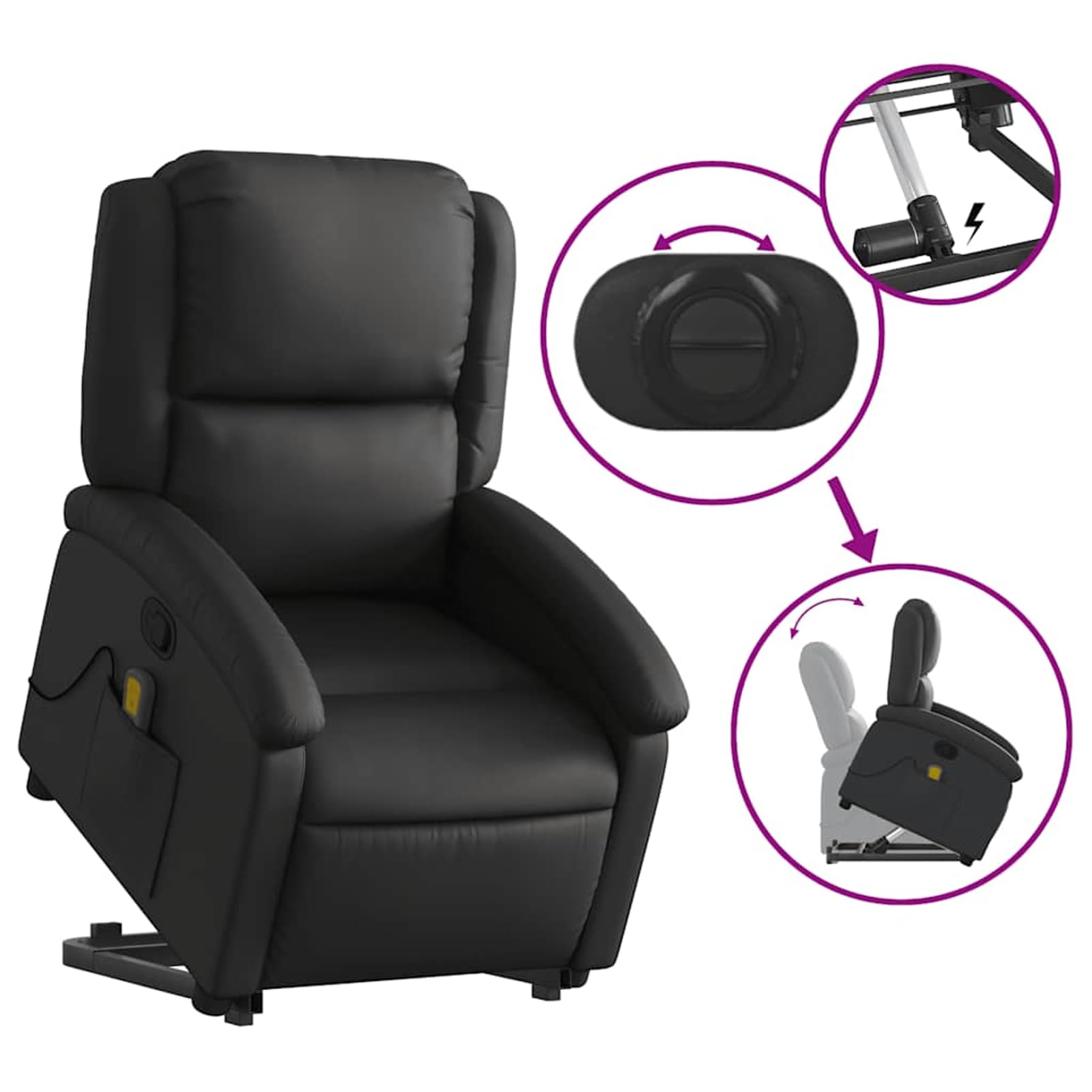 Sillón de masaje con ayuda eléctrica para levantarse | Masaje vibratorio 100% piel de vacuno, negro, 71 x 144,5 x 82 cm (posición tumbada), para personas mayores