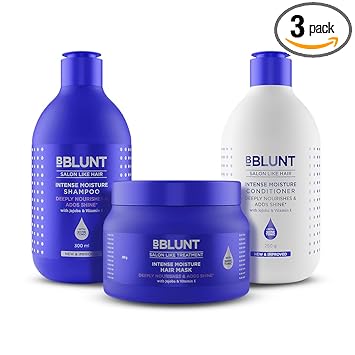 Bblunt Intense Moisture Hair Combo | Shampoo + Conditioner + Hair Mask | Moisturizes & Hydrates | Deeply Nourishes | Adds Salon-Like Shine | For Men & Women | 300 ml + 250 g + 250 g - image, photos