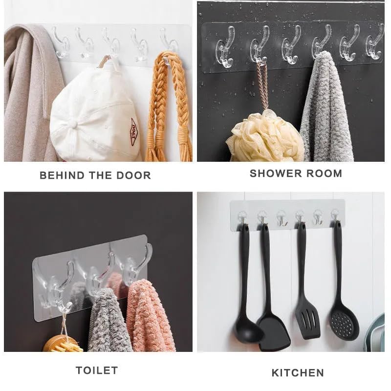 Image of Self Adhesive Heavy Duty Wall Hooks for Hanging Transparent Stainless Steel Waterproof Hooks for Kitchen, Bathroom, Home & Office (3 Pcs 6 Rows Hook)