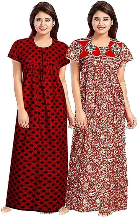 Image of Nighty for Women Cotton Printed Maxi Gown Ankle Length Nighty Night Dress Gown for Women Maxi - (Pack of 2)
