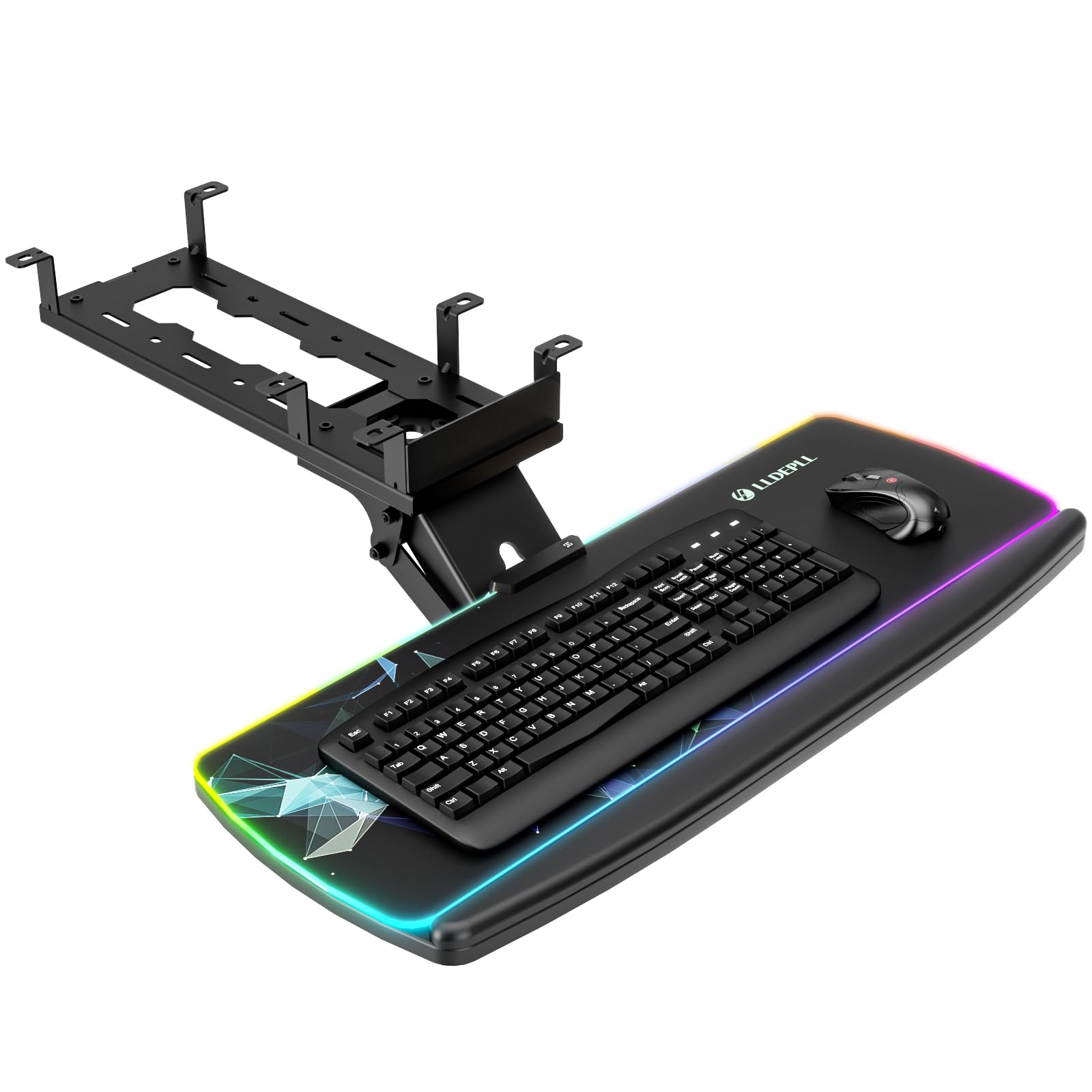 Photo 1 of Keyboard Tray Under Desk with Storage Drawer, Height Adjustable Keyboard Tray Slide Out 360° Swivel Tilt, Ergonomic Under Desk Mount Keyboard & Mouse pad Lighting, Black