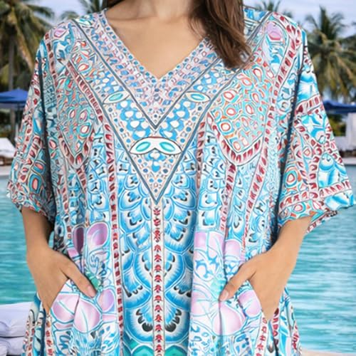 Image of Miss Lavish London Teal Ethnic Print Kaftan Dresses for Women V Neck Batwing Sleeve Beach Vacation Bikini Swimsuit Cover Ups, Plus Size African&Dubai Caftan Maxi Beach Dress with Side Slits-Teal-3XL