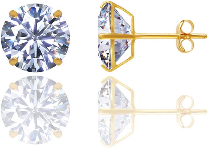 14kt Solid Yellow Gold Super Bright Clear Cz Basket Round Butterfly Pushback Stud Earrings