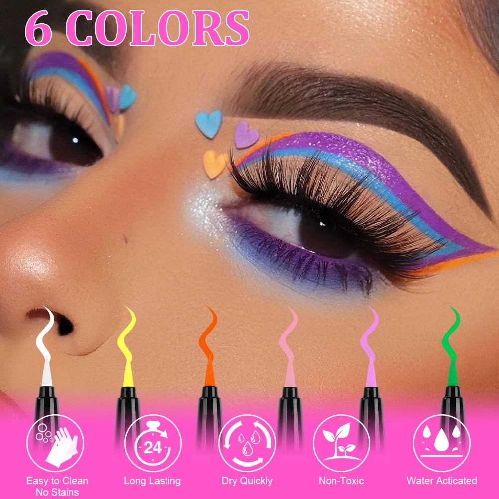 LOPHE Zestaw eyelinera, 6 kolorów, świecący eyeliner, matowe wykończenie, wodoodporny, trwały, płynny eyeliner z bardzo delikatnym pędzlem, na Halloween, karnawał