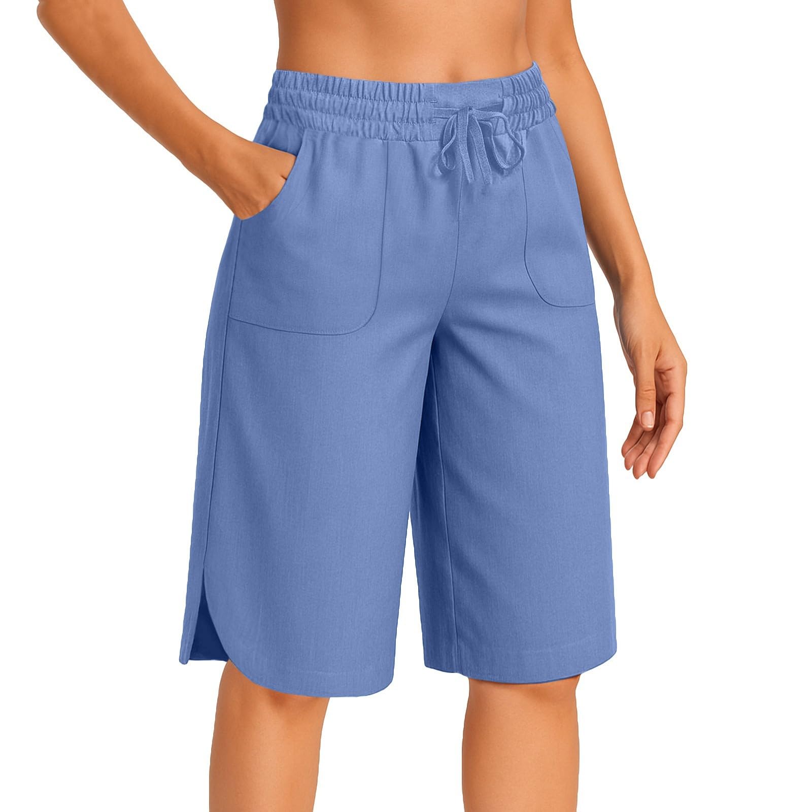 Linen Bermuda Shorts for Women Knee Length Summer Cover Up Beach Shorts Lightweight Casual Side Slit Short Relaxed Fit Elastic Waist Wide Leg Yoga Pants with Pockets Baggy Drawstring Loungewear Blue