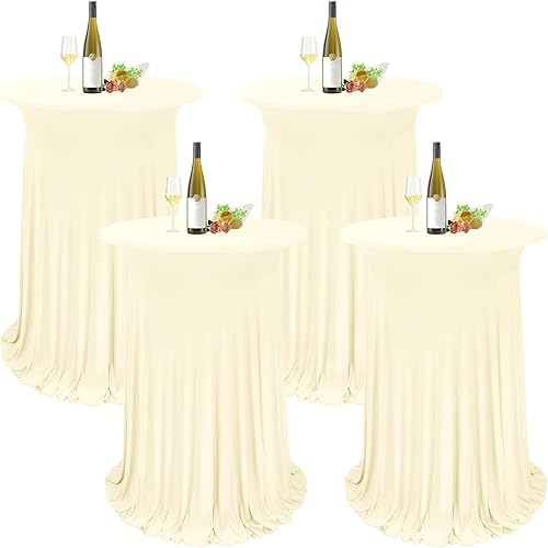 Paquete de 4 manteles redondos para mesa de cóctel, de 32 x 43 pulgadas, de elastano, con cortinas onduladas, color beige, para mesa de boda, bar,
