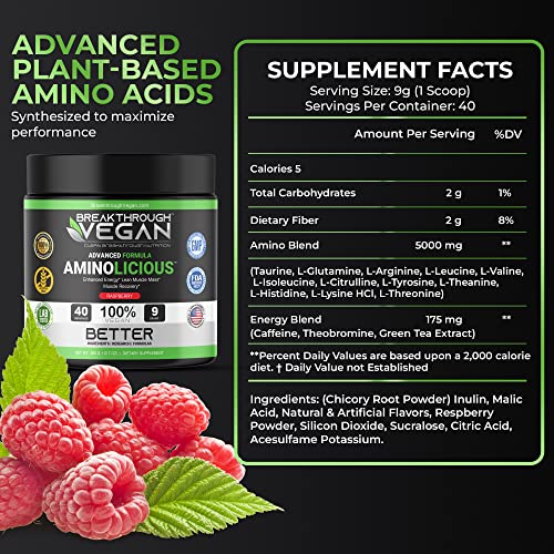 Breakthrough Vegan Aminolicious | Advanced Plant Based Essential Aminos | Essential Amino Acids Supplement For Enhanced Energy | Lean Muscle Mass | Muscle Recovery | 9 Grams | Raspberry #TOP6