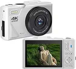 Câmera digital 4K, tela flip de 3 polegadas 64MP UHD 18X Zoom Câmera compacta retrô com foco automático, câmera portátil com função de webcam, para vlogging de fotografia de viagem (branca)