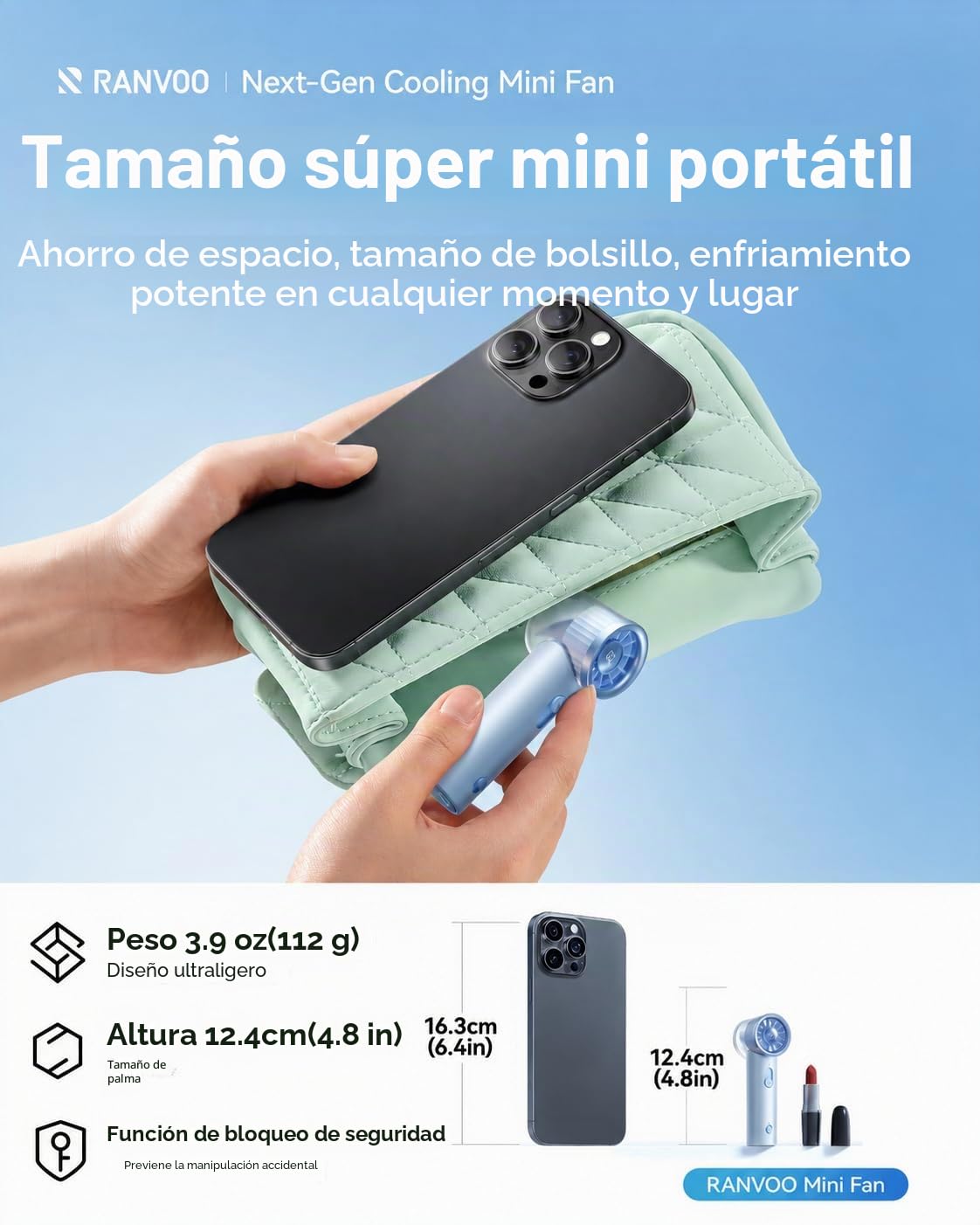 RANVOO 2025 Mini y Potente Turbo Ventilador de Mano 100 Velocidades Recargable Pantalla LED Personal para Viajes al Aire Libre Ventilador de Mano Portátil, Blanco Ártico