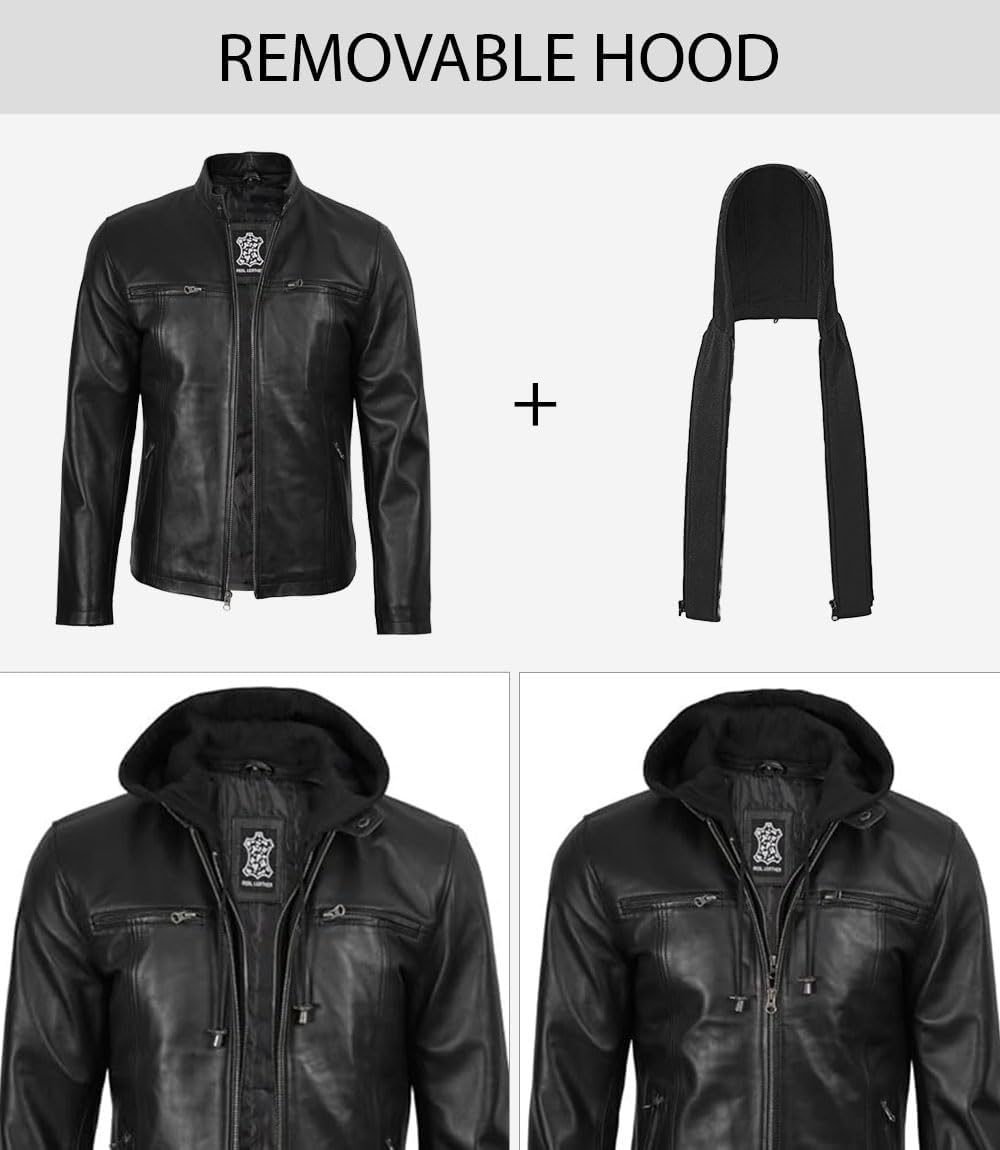 Blingsoul Mens Leather Jacket Detachable Hooded Black Leather Jackets For Men - Image 3