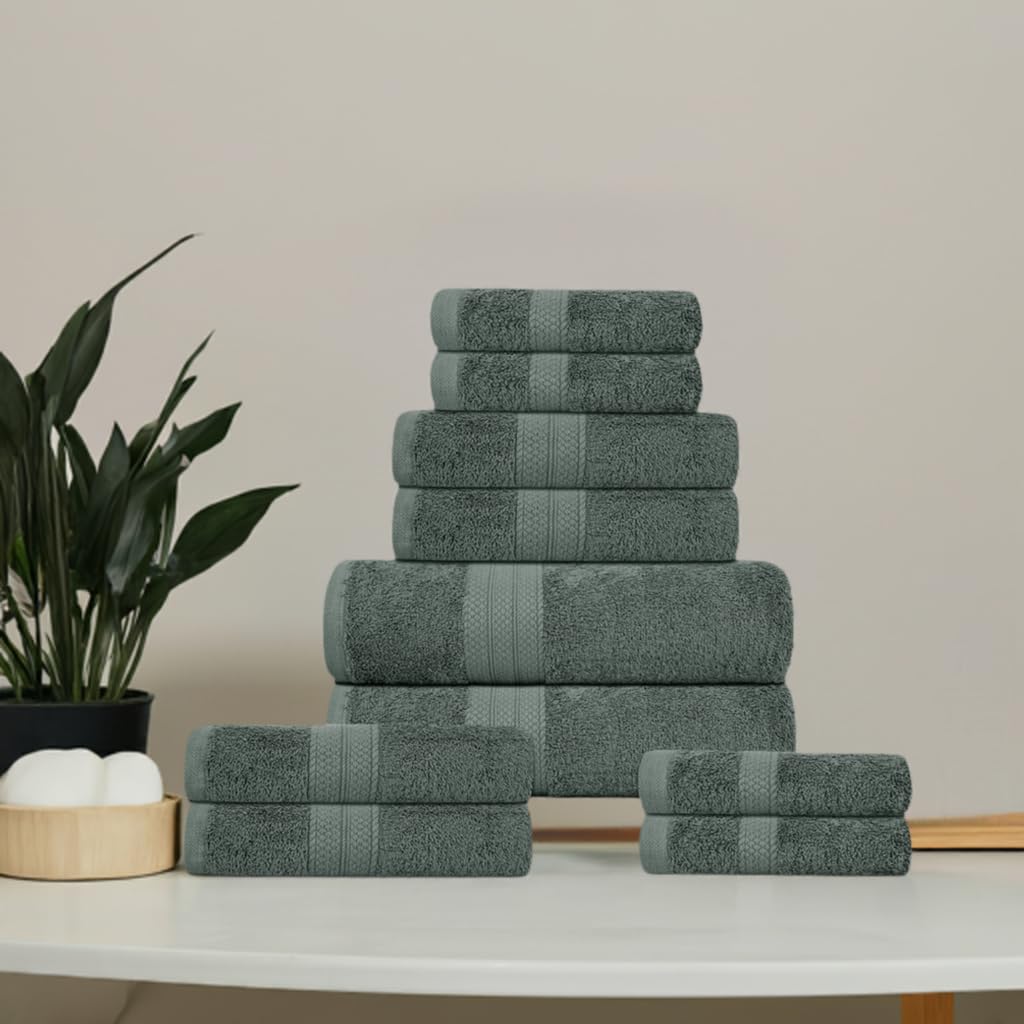 100% Cotton Quick-Dry Bath Sheet 90x170 cm,Bath Towel 70x140 cm,Face Towel 30x30 cm,Hand Towel 40x66 cm, Fingertip Towel 30x45 cm Hotel Spa Bathroom (Charocal, Pack Of 10 Towel Bale Set)