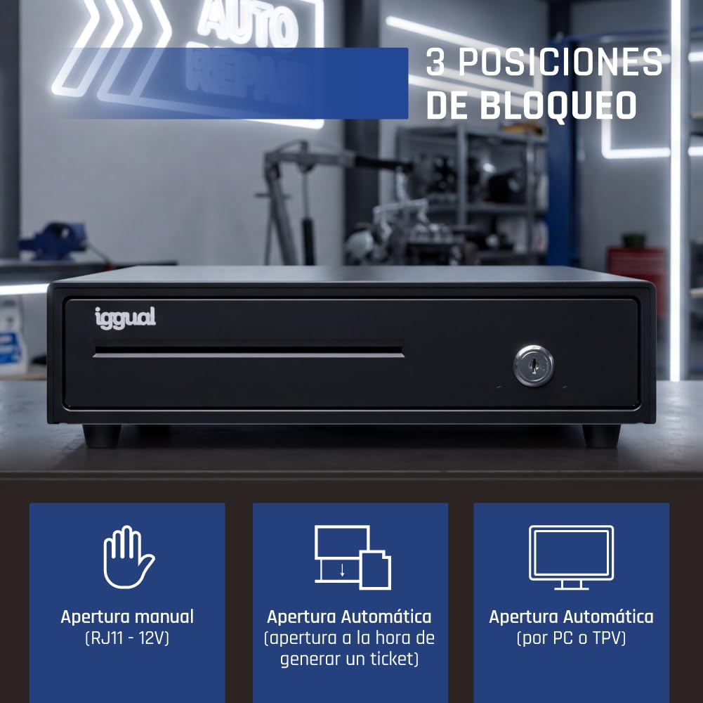 iggual – Tiroir-caisse IRON-15 - Caisse Enregistreuse Manuelle ou Automatique pour 4 Billets et 8 Pièces - Serrure à 3 Positions - Matériau Acier + Plastique - Usage Professionnel - Noir (37x33,5x8)