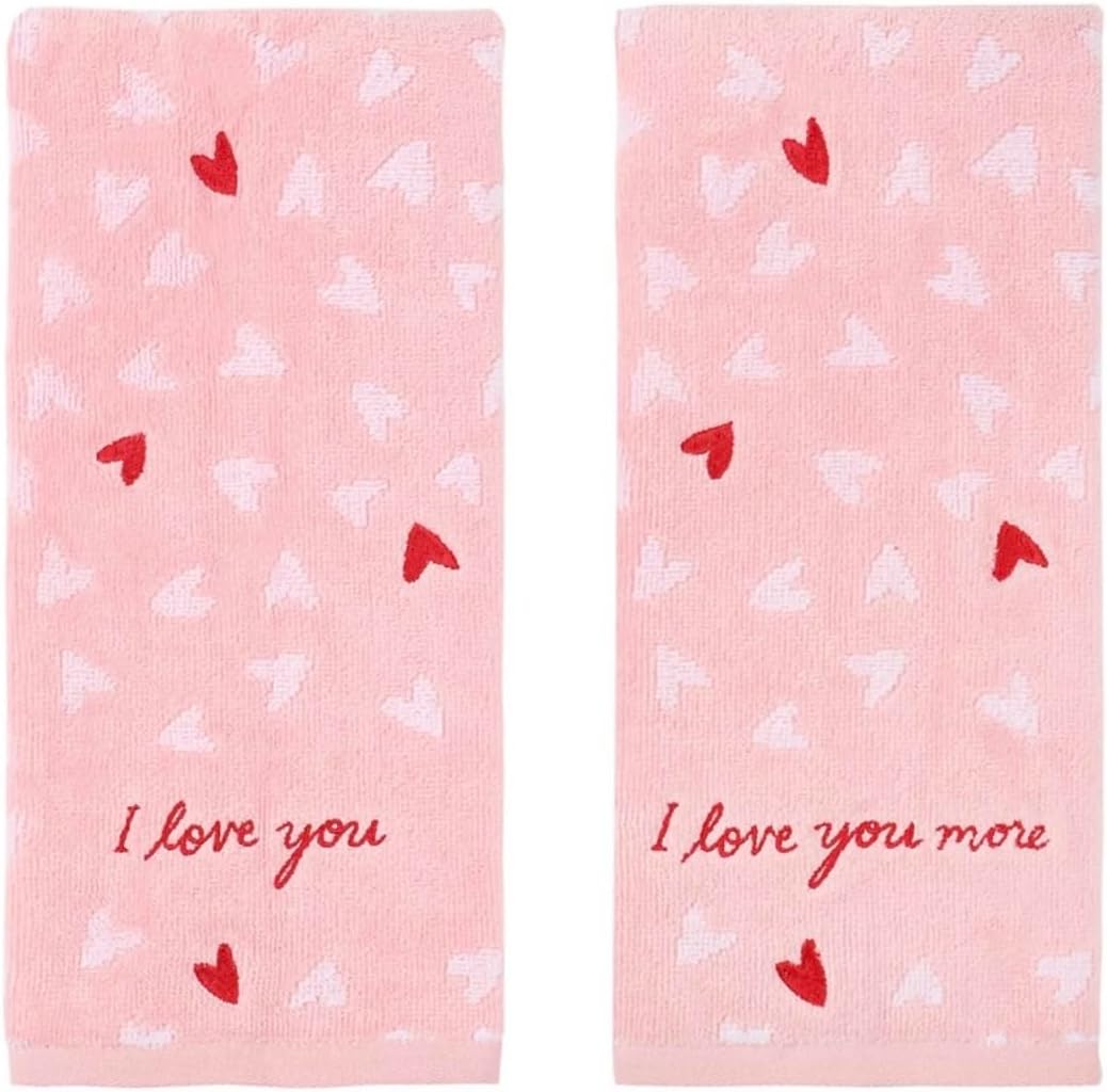 Valentine Bath Hand Towels, Set of 2 Pink White Cotton Terry Velour Towel with Embroidered Red Hearts I Love You- Love You More for Bathroom Decorating