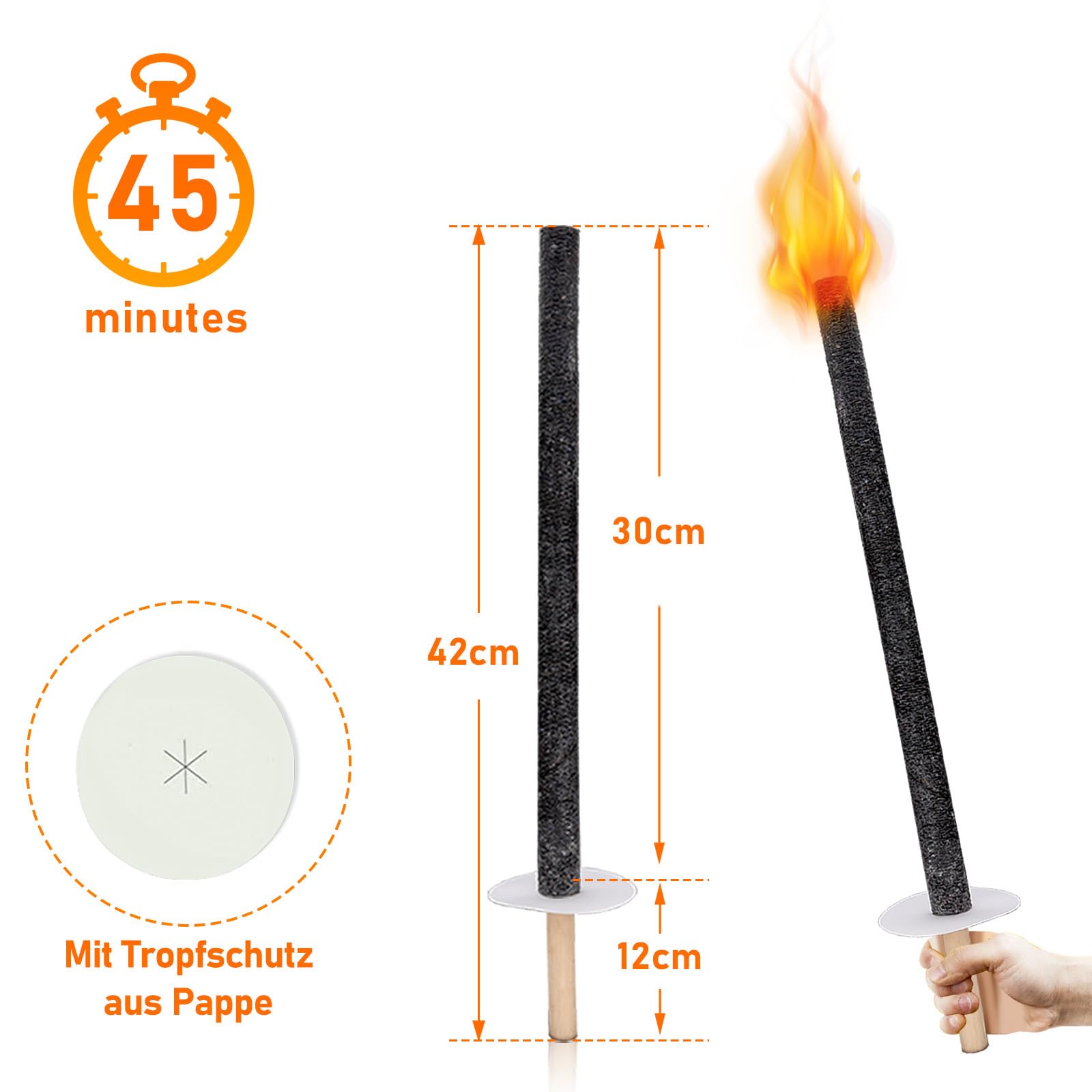 Lospitch 25 torce per esterni, tempo di combustione 45 minuti, cera naturale per bambini, torcia di cera di alta qualità, con protezione per le mani, ideale per esterni, esterni, giardino, escursione