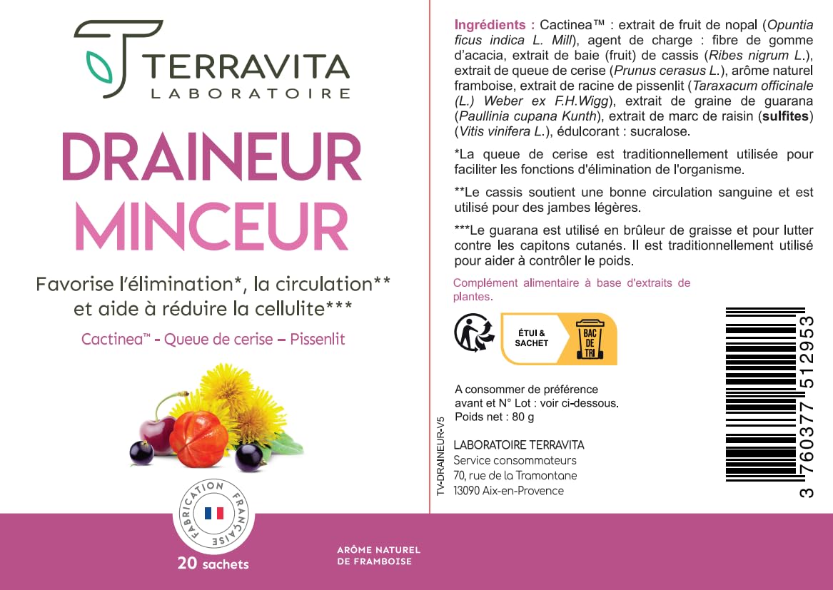 DRAINEUR MINCEUR | Action Detox Anti-Cellulite et Jambes Lourdes | Stimule la Circulation Sanguine et Lymphatique | Actif Breveté Cactinea™ | 20 Sachets Goût Framboise | Made in France | Terravita