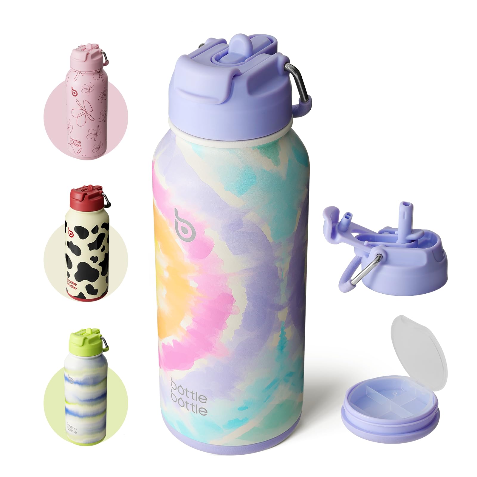 BOTTLE BOTTLE 32oz Insulated Water Bottle Stainless Steel Sport Water Bottle with Straw Dual-use Lid Design for Gym with Pill Box (cotton candy)