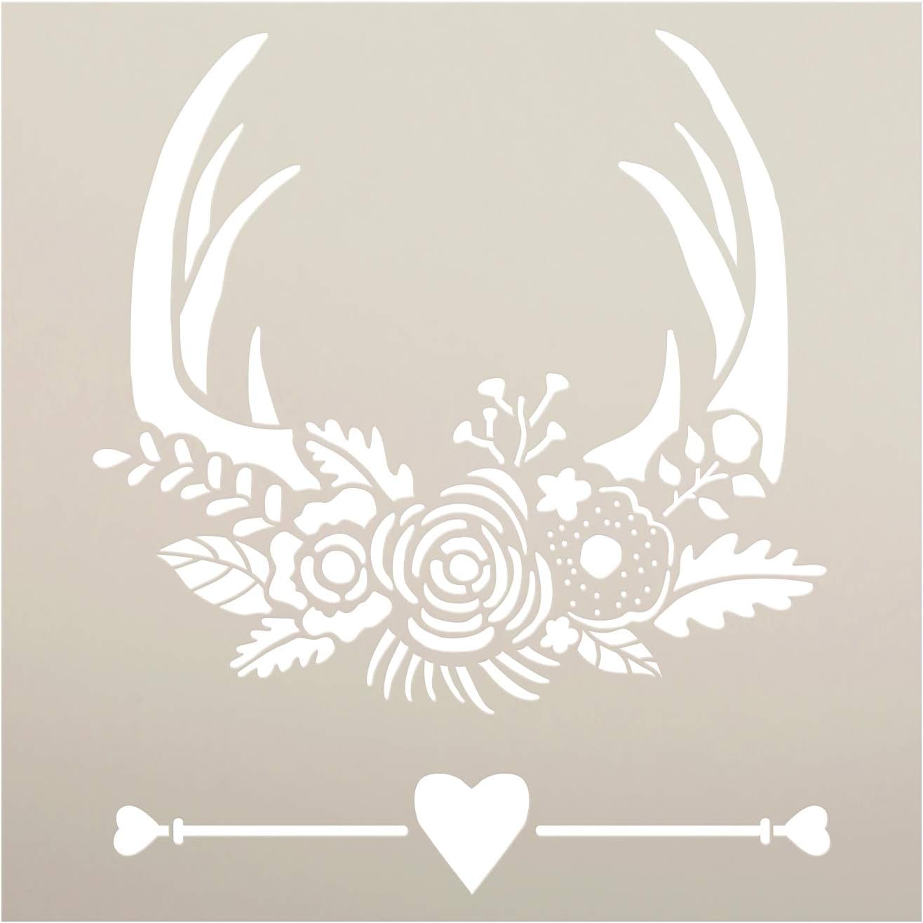 Deer Rack with Flowers & Antlers Stencil by StudioR12 | DIY Boho Wedding Decor | Craft Rustic Bohemian Banner & Wall Art | Paint Wood Signs | Reusable Mylar Template | Select Size (12x 12)
