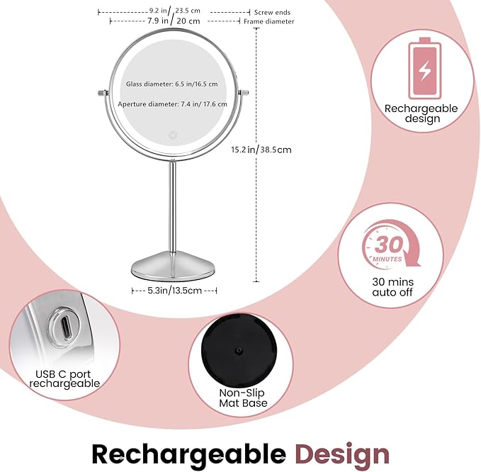 Espejo de Maquillaje con Luz 8", 1X/10X Aumento, 54 LED, 360° Rotación miniatura 2