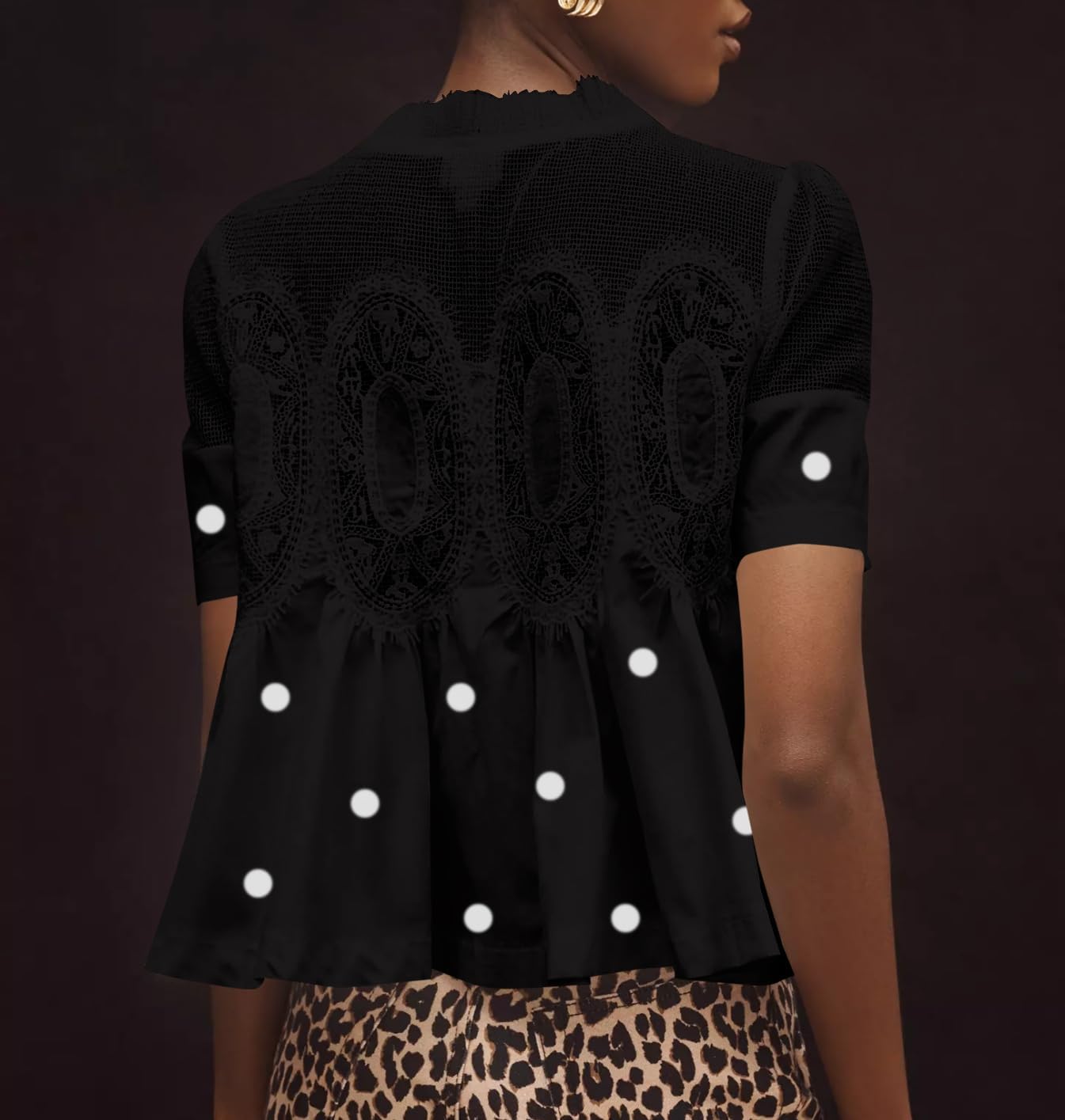 Women’s Lace Flared Short Sleeve Blouse Lace Poplin Ruffle Mesh Crew Neck Swing Babydoll Tops Elegant Loose Shirts