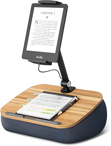 Miniatura 13 de Acogedor soporte de almohada Kindle con soporte ajustable de 360° para tableta, panel de madera, soporte para iPad para lectura manos libres