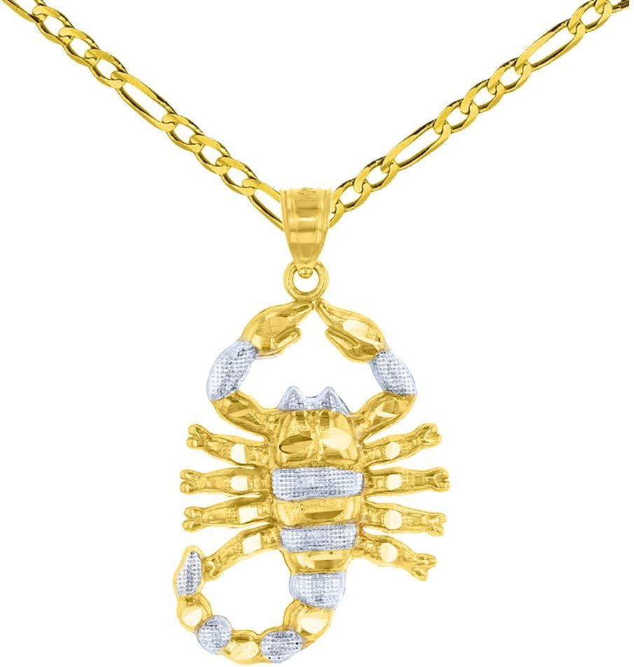Solid 14K Yellow Gold Textured Scorpion Charm Scorpio Zodiac Pendant with Figaro Chain Necklace