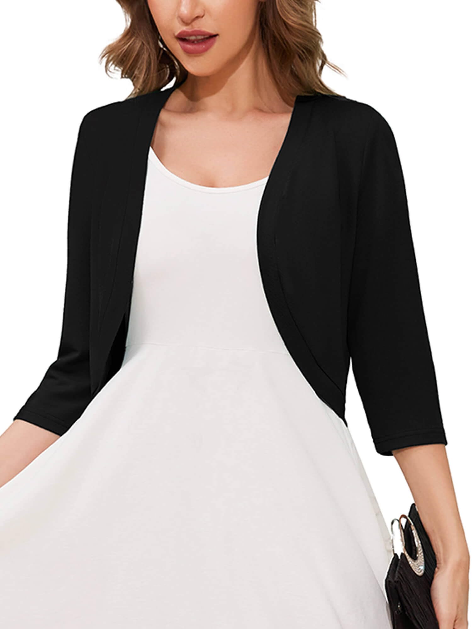 3/4 Sleeve Open Front Lightweight Cropped Bolero Shrug Cardigan | Soft breathable knit, 3/4 sleeve cropped cut, open front layering, versatile cover up for dresses, women's casual fit