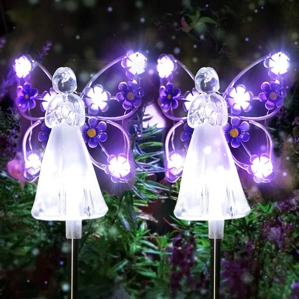 2 Pcs Solar Angel Garden Stake Lights Outdoor Garden, Eternal Light Angel with 7 LEDs for Cemetery Grave Decorations, Memorial Gift, Christmas Yard Art, Sympathy Gifts