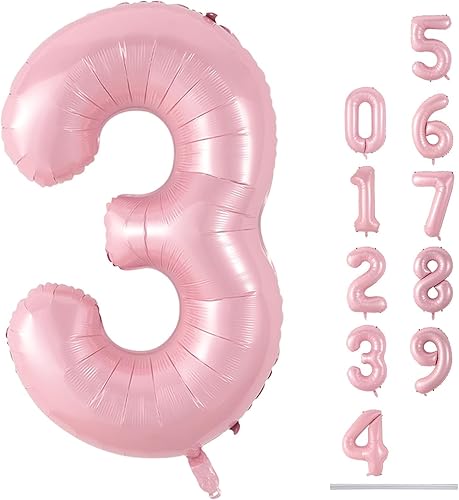 Pastel Pink Number 3 Balloon, 40 Inch Giant Pearl Light Pink Helium Foil Number 0-9 for Girls, Self Inflating 3rd Birthday Balloon for Women