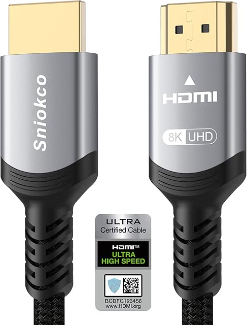 Sniokco 8K HDMI 2.1 Cable 2M, Certified 48Gbps Ultra High Speed Braided HDMI Cable 6.6FT, Support Dynamic HDR, eARC, Dolby Atmos, 8K60Hz, 4K120Hz, HDCP 2.2 2.3, Compatible with HD TV Monitor and More