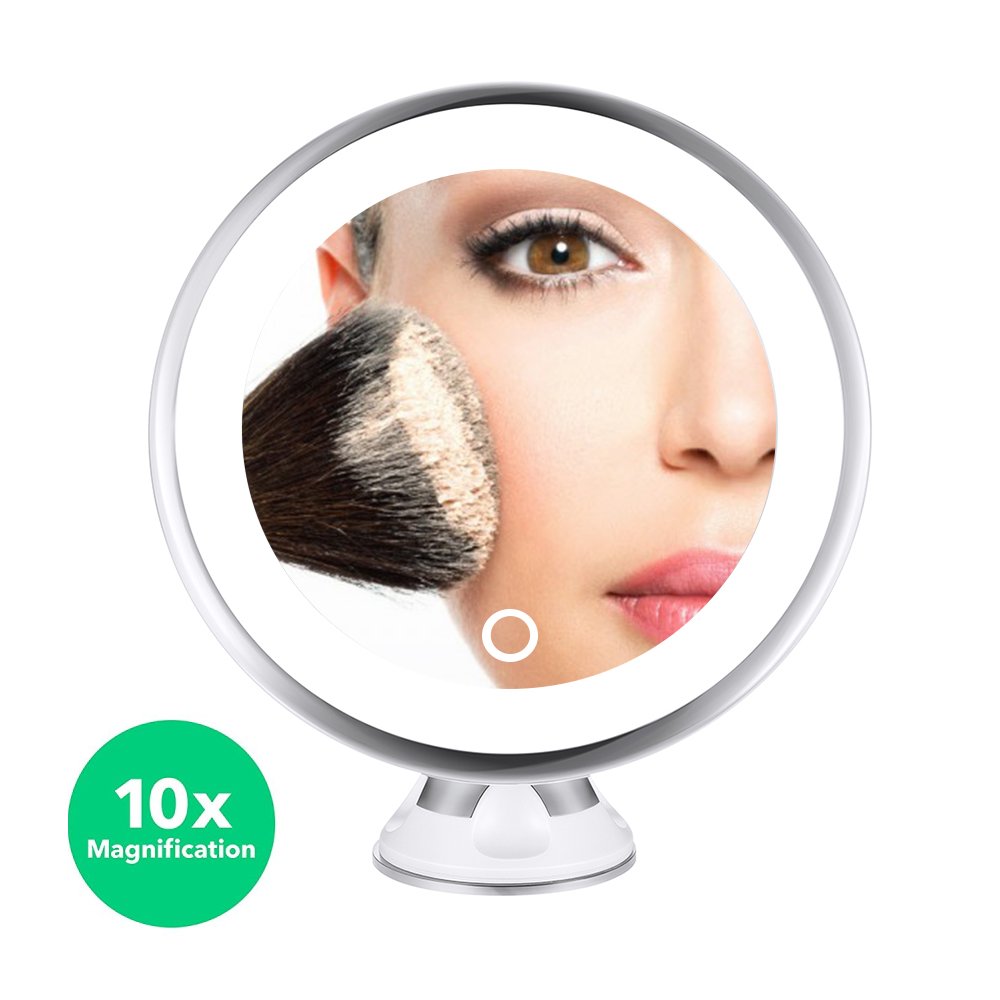 MelodySusie 10x Lighted Magnifying Mirror - Portable Bathroom Vanity Makeup Mirror with Strong Suction Cup, 360 Degree Swivel Rotation, Dimmable Light, Battery and USB Operated