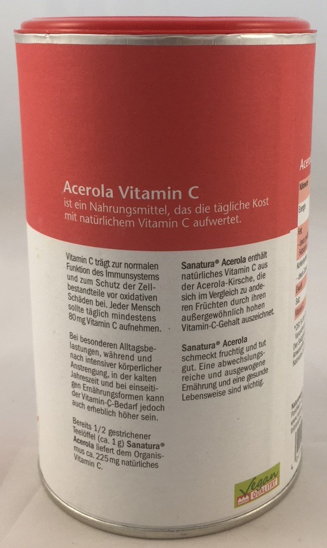 Sanatura Acerola – 3 x 175 g Acerola Pulver – natürliches Vitamin C hochdosiert – aus der Acerolakirsche – einfache Anwendung – sehr ergiebig – vegan