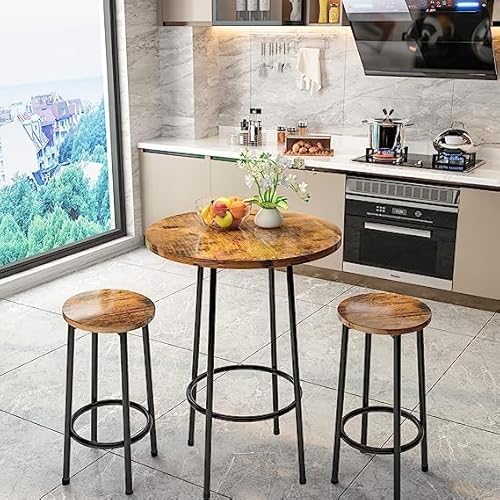 طقم طاولة مطعم من 3 قطع من وودكس، طقم من طاولة مستديرة عصرية مع مقعدين، طقم طاولة طعام بارتفاع طاولة البيسترو من قطعتين للمساحات الصغيرة، وتناول الطعام، والمطبخ، والمطعم، وركن الفطور، بني ريفي