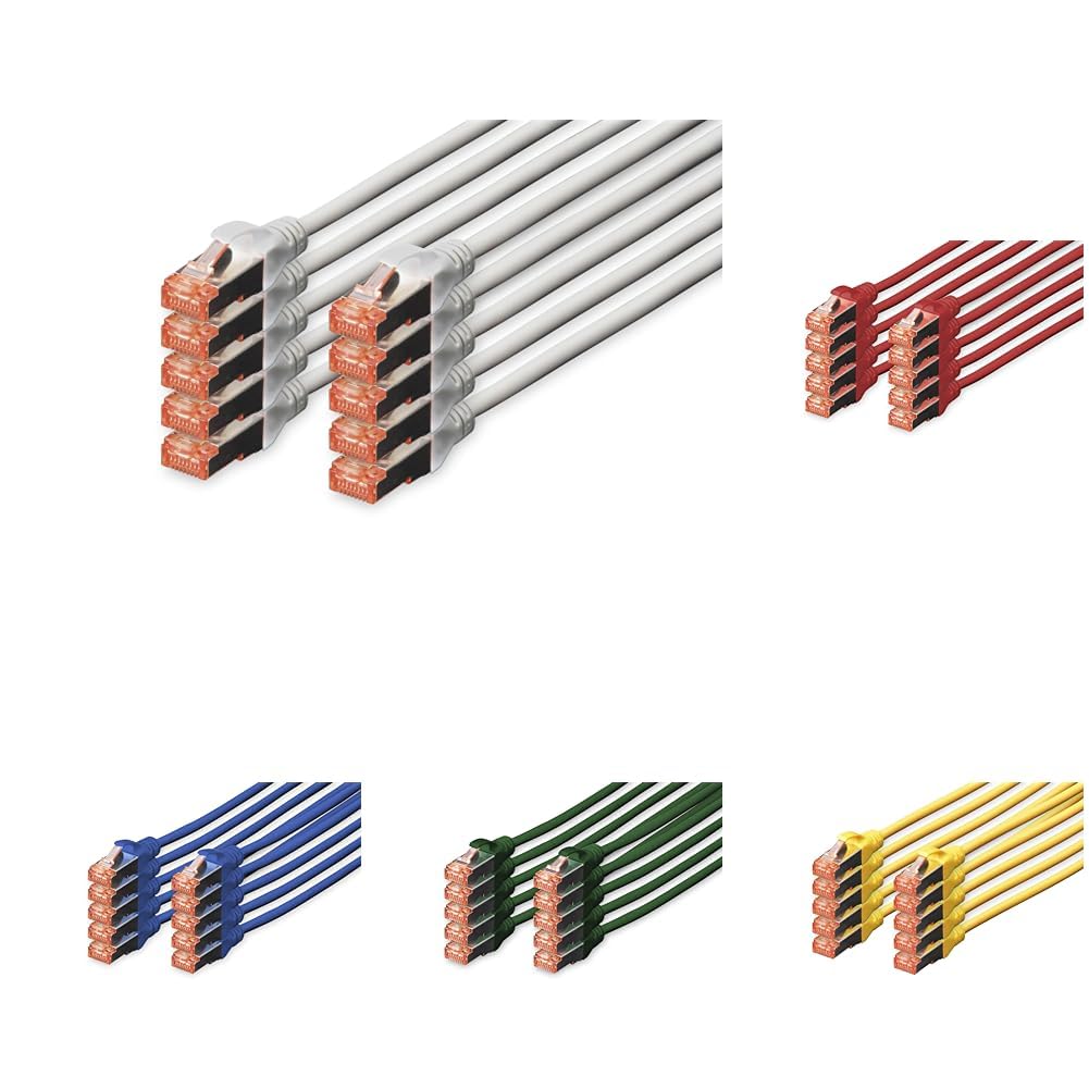 DIGITUS Set: Cavo di rete Cat 6-2m - 50 pezzi - RJ45 maschio - S/FTP schermato - Cavo Ethernet, cavo LAN - compatibile Cat 6A e Cat 7-10x Grigio / 10x Blu / 10x Verde / 10x Rosso / 10x Giallo