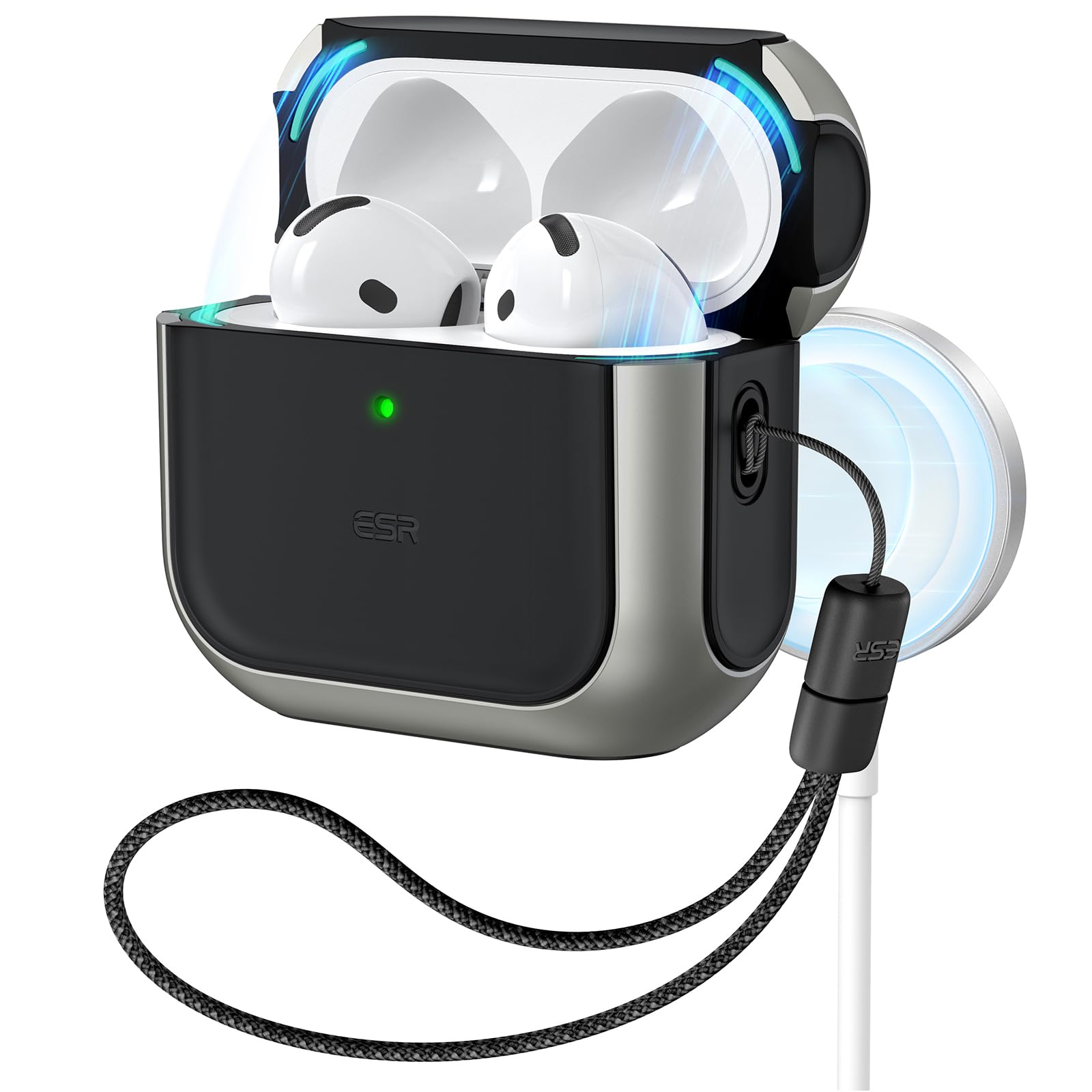 ESR AirPods 4th Generation Case, AirPods 4th Generation HaloLock (2024) (USB-C) Compatible MagSafe Anti-Drop Cover with Strap Orbit Hybrid Case, Titanium