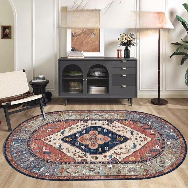 Tapis ovale beige 80x160 cm pour salon et chambre