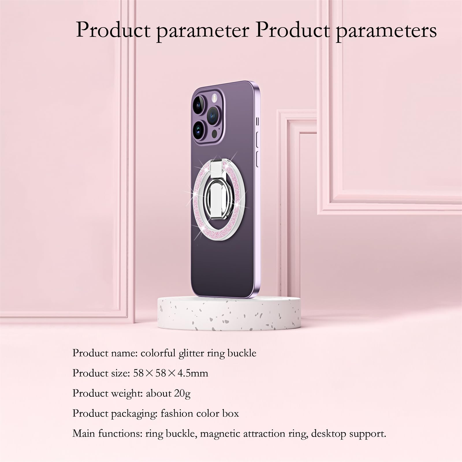 Ysnzaq Supporto ad Anello Magnetico Telefono per MagSafe,Glitter Bling Sparkly Anello Supporto per MagSafe 360 ° Rotazione Telefono Grip Adjustable Cavalletto per iPhone, Samsung.PQ Pink