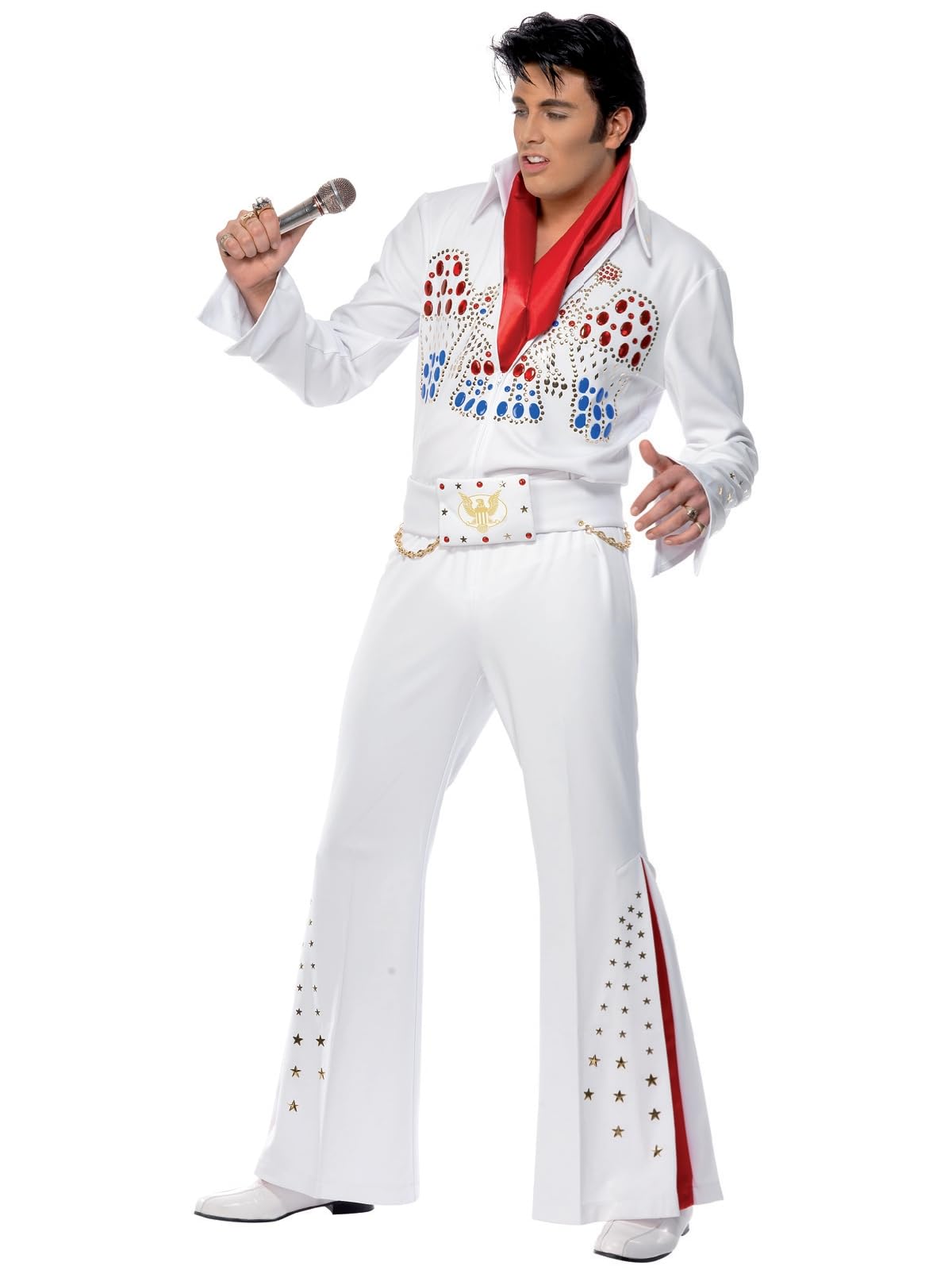 Smiffys Elvis American Eagle Costume in White for Adults, Jumpsuit, Belt, and Scarf, Officially Licensed, Sequin Detail and Red Insert, Perfect for Music-Themed Fancy Dress Halloween