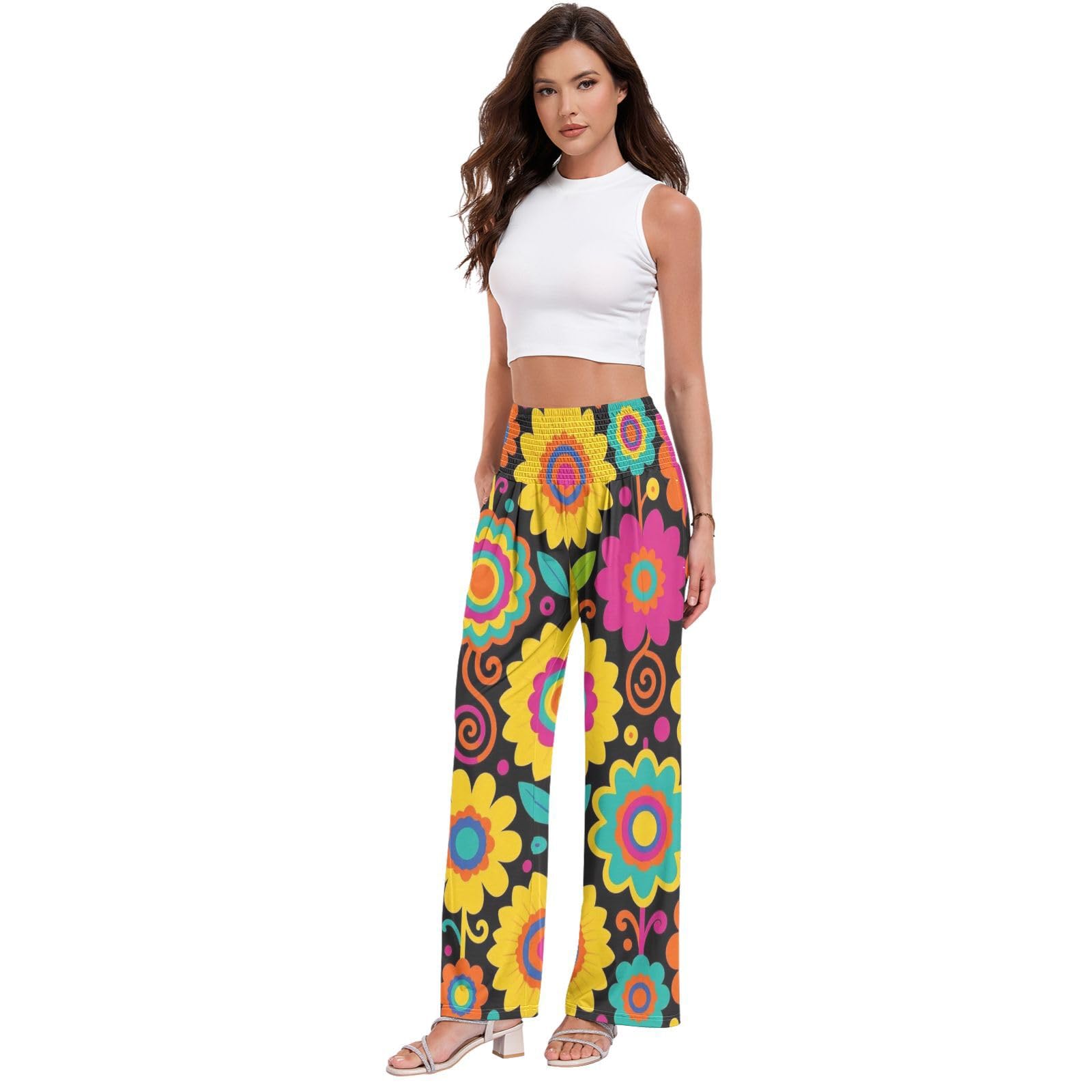Retro Groovy Floral - Pantalones largos casuales para mujer, ligeros, elásticos, casuales