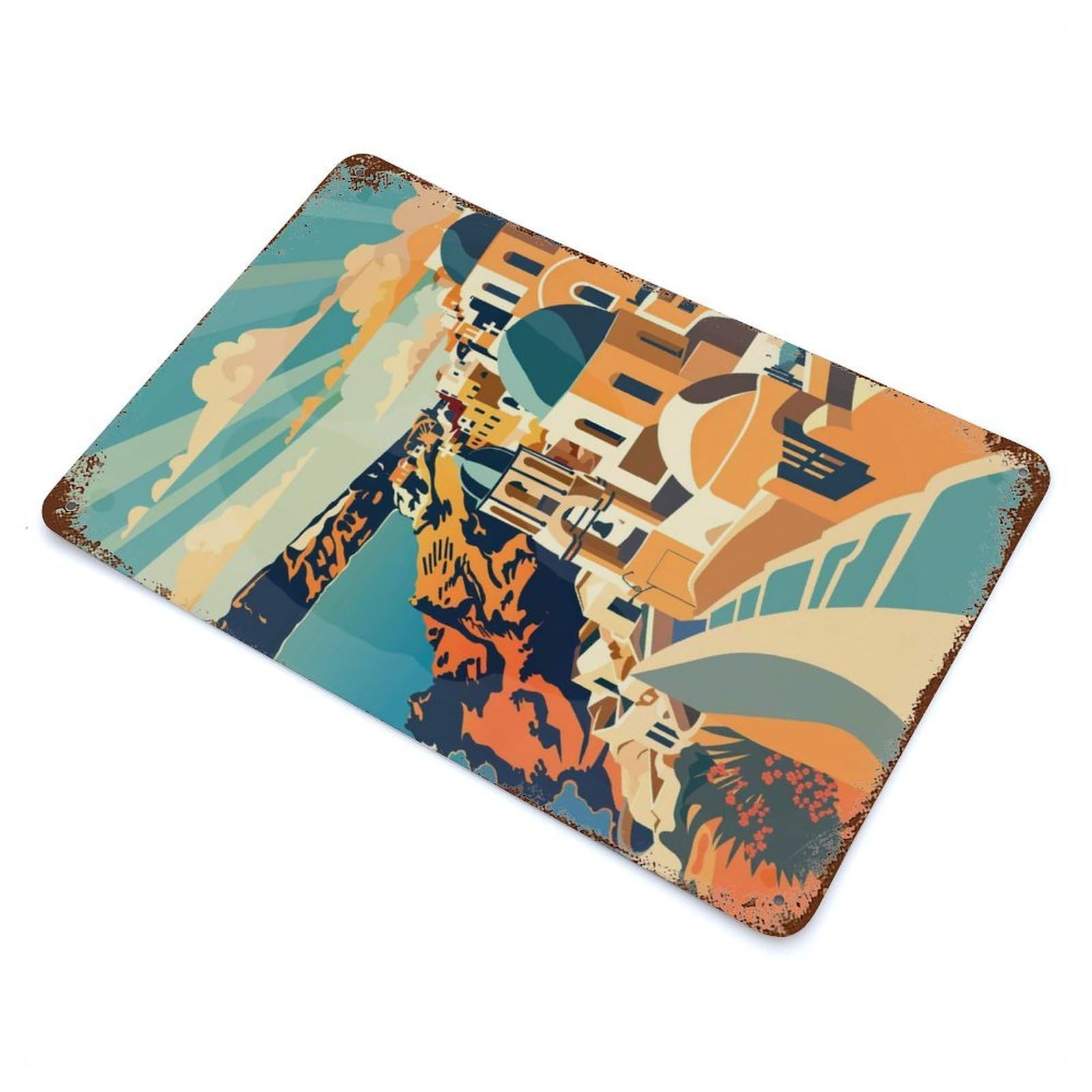 Santorini Sunset Weathered Tin Sign 11.8"x7.9", Ideal for Shed, Workshop And Garage Wall Decor