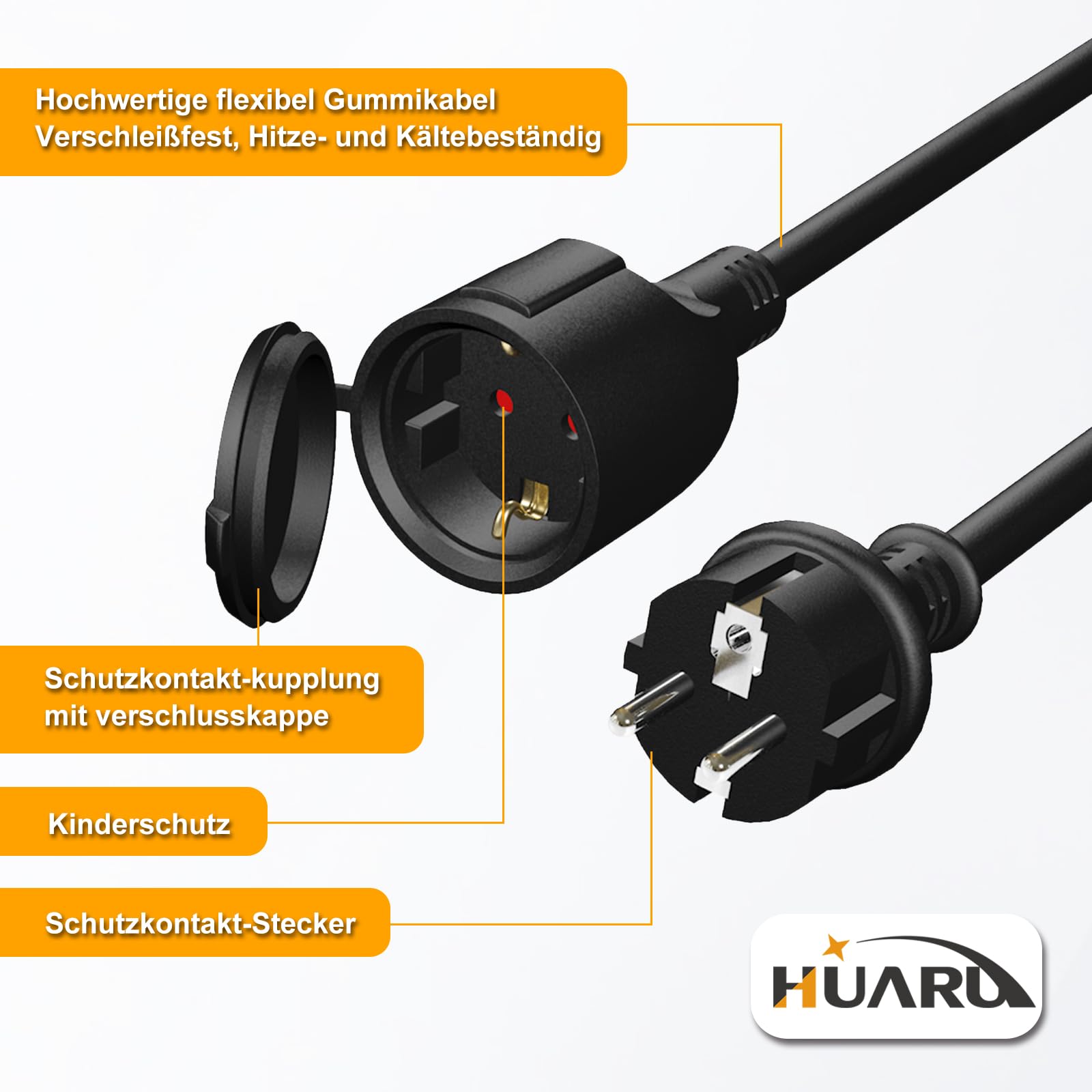 Cable alargador exterior de goma, 20 m, cable de alimentación con enchufe Schuko para exteriores, IP44, extensión de cable H05RR-F 3G1,5 mm² con tapa protectora, cable eléctrico exterior, 3500 W
