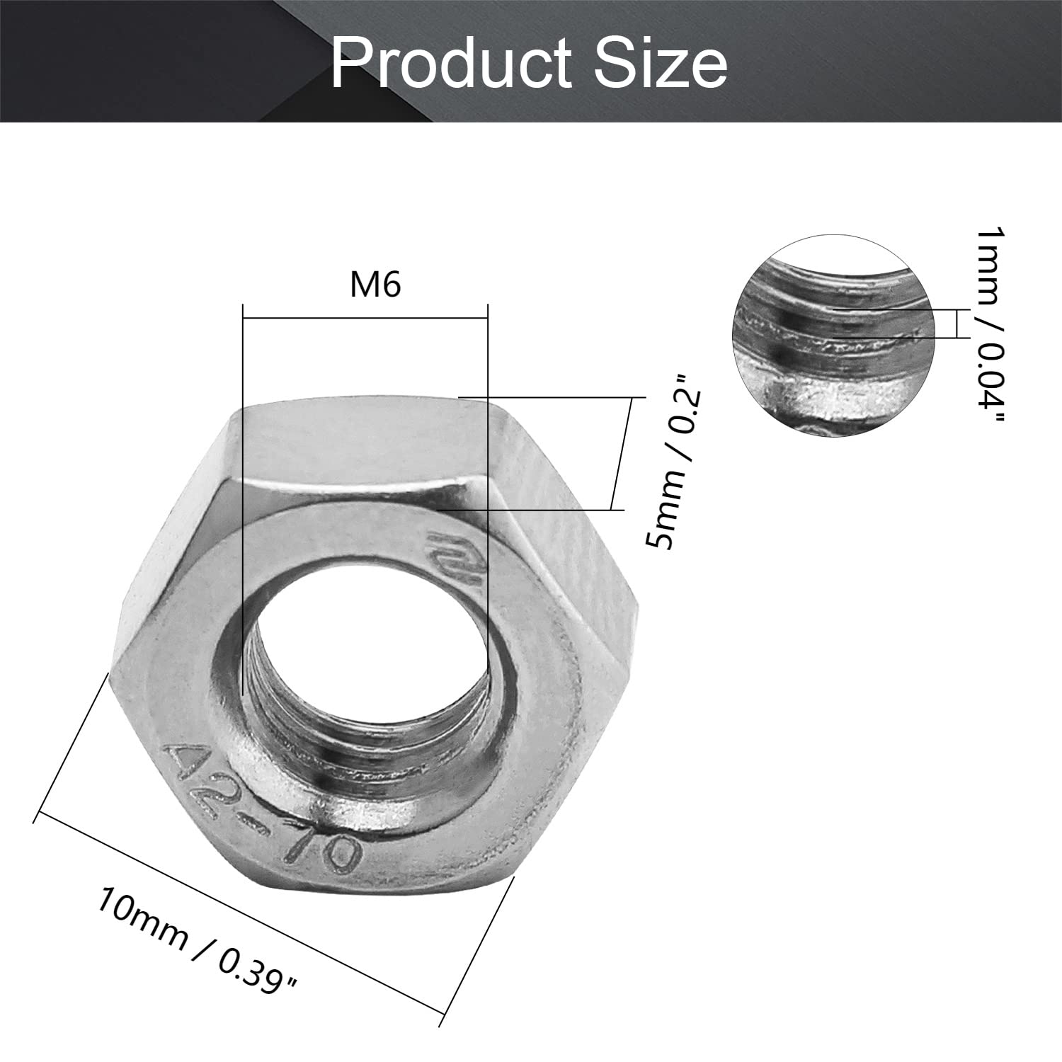 MroMax M6-1mm Hex Nuts, 304 Stainless Steel Metric Coarse Thread Hexagon Nut Fasteners for Mechanical Equipment,Construction Repair Silver 50Pcs