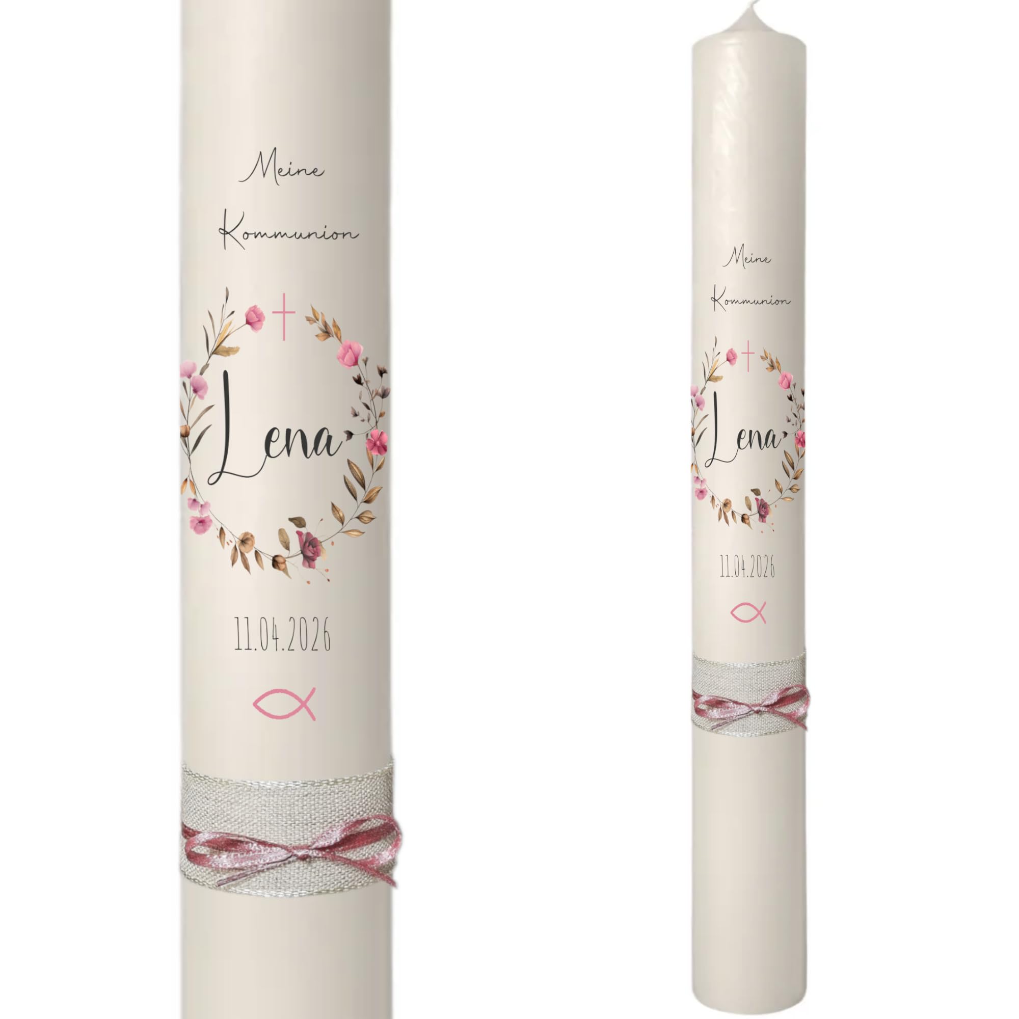 Taufkerze Kommunionkerze Blumenkranz Rosa Natur - personalisiert mit Name und Datum | Verschiedene Kerzengrößen | Kommunionkerze für Mädchen Schlicht | Modern