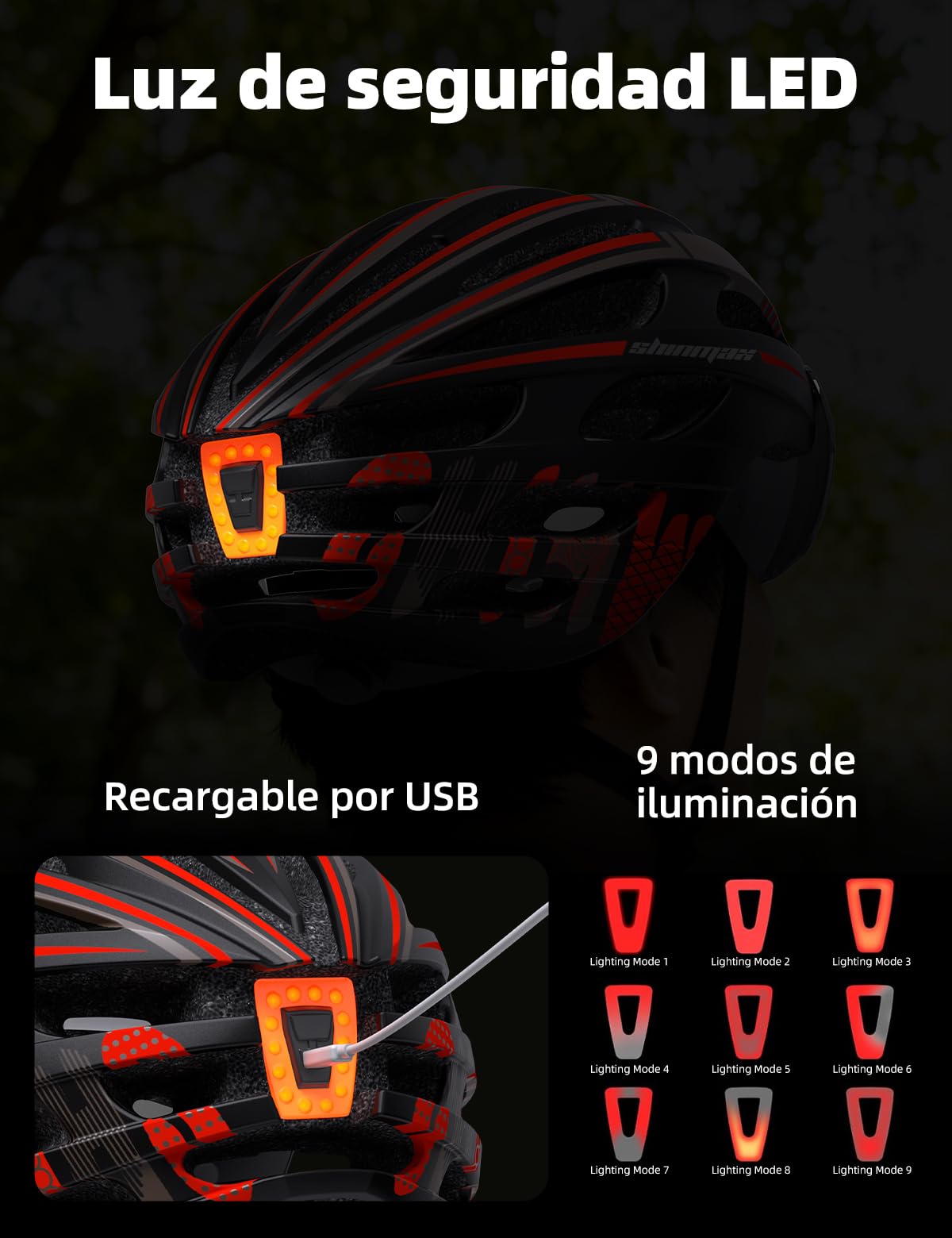 Shinmax Casco Bicicleta Adulto Casco Bici con USB Luz Pegatina Luminosa Certificado CE Casco Bicicleta Mujer Hombre con Visera Magnética Casco MTB Casco Bici para Montaña Ciclismo Carretera 57-62 cm