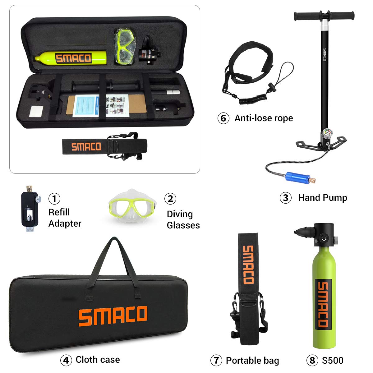 SMACO Mini Scuba Tank, Bombola Subacquea Bombole da Immersione Ossigeno Bombola con 10-15 Minuti Diving Ossigeno Serbatoio Bombola Sub Respiro Sott'Acqua Dispositivo 0.7L S500(Consegna in 10 Giorni)