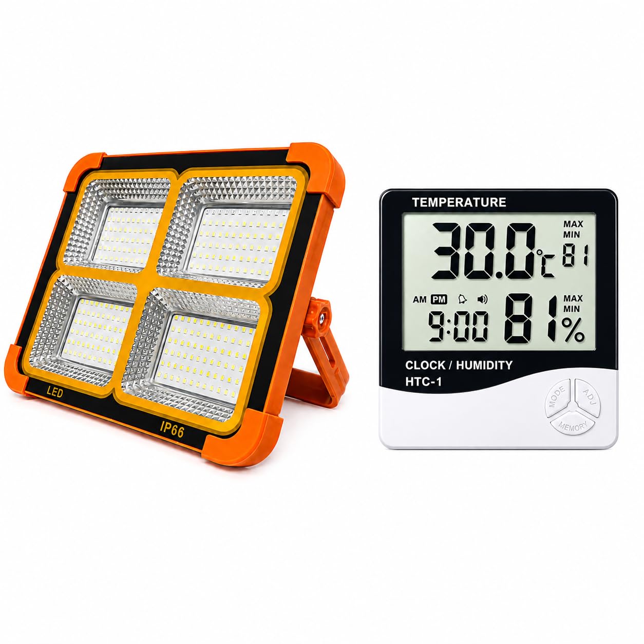 solar rechargeable & usb led flood light 288 leds portable ip66 waterproof with digital temperature meter combo, alarm clock, calendar display, emergency outdoor camping light, white