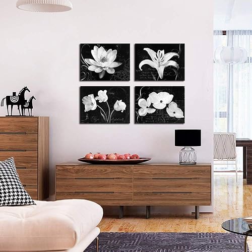 Miniatura 5 de Biuteawal - Impresiones en lienzo de flores, arte de magnolia lirio, pintura floral en blanco y negro, impresiones en lienzo para decoración de