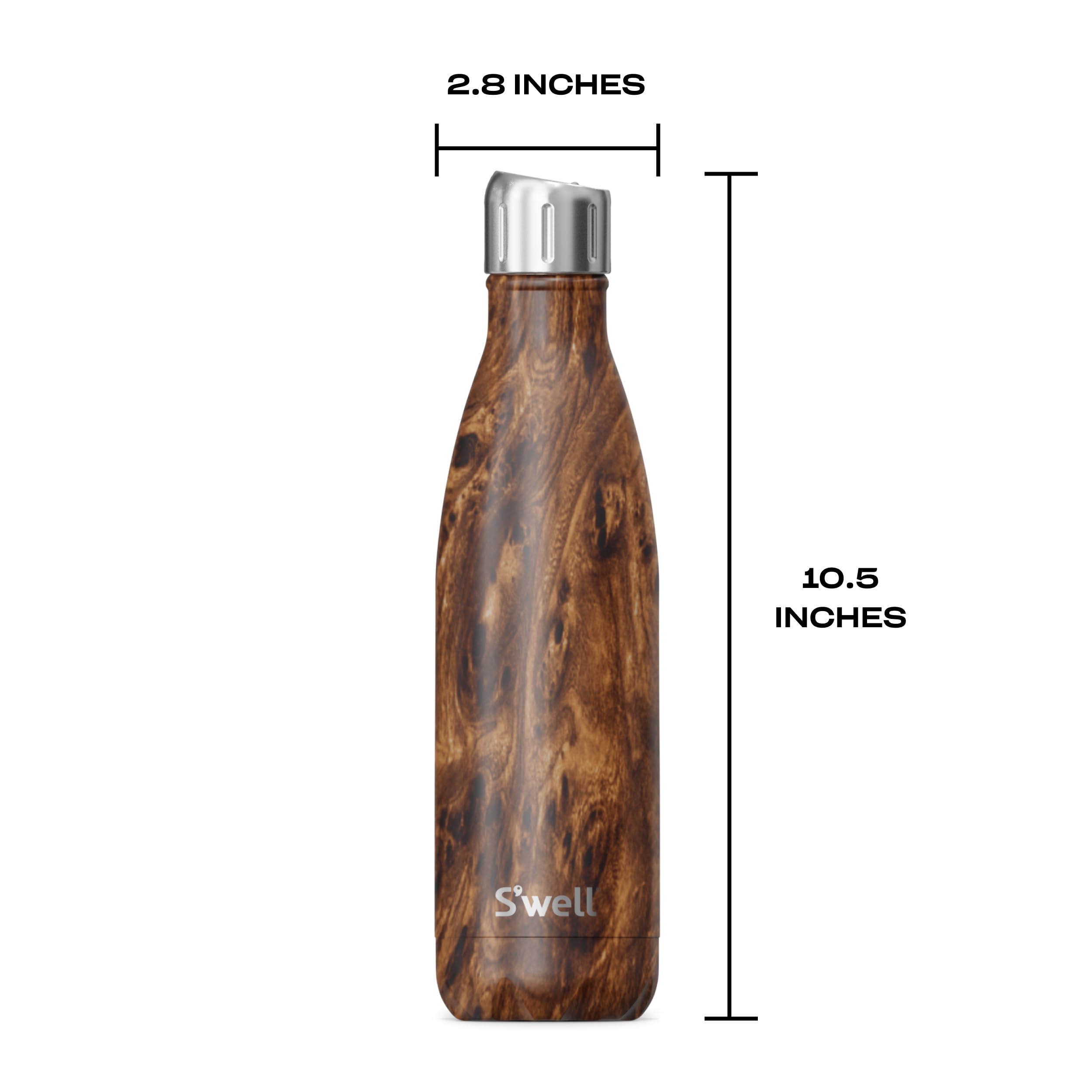 S'well Botella de agua de acero inoxidable con tapa deportiva de 17 onzas líquidas, de madera de teca, triple capa, aisladas al vacío, mantiene las bebidas frías durante 36 horas y calientes durante